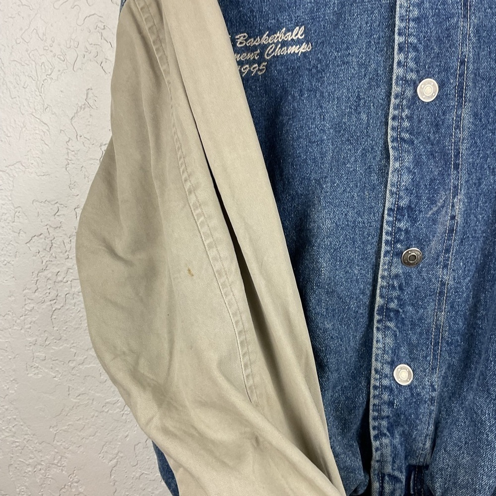 Men’s Vintage 90s Denim Canvas Bomber Style Basketball College Snap Up Coat - Picture 9 of 9